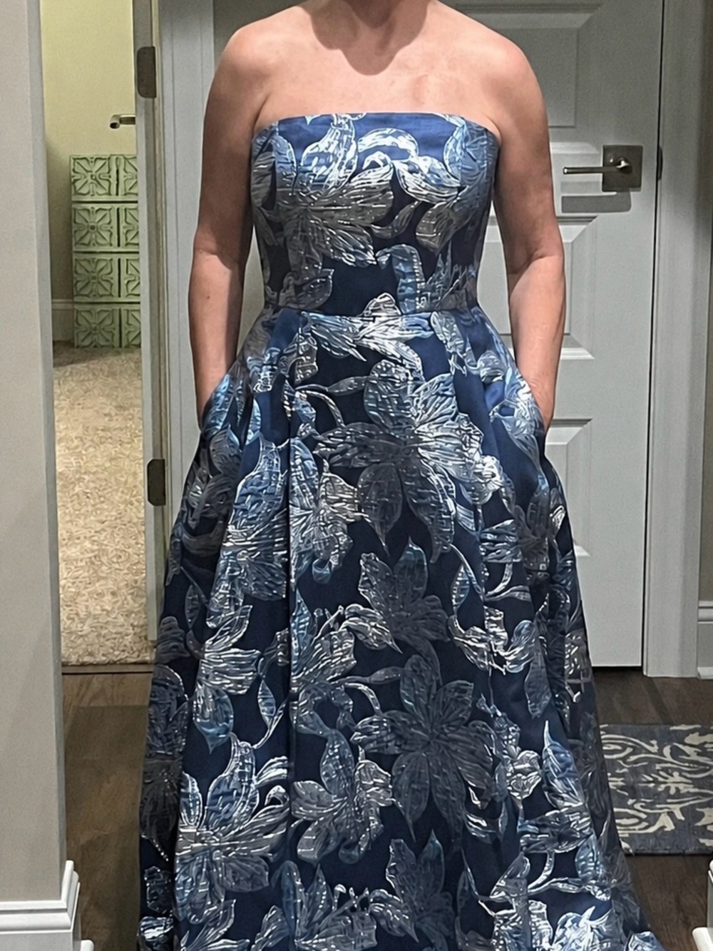 New with Tags Alex Evening Strapless Blue Floral Ball Gown Dress with Shawl. - Picture 2 of 7
